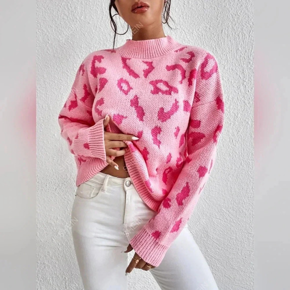 Leopard Pattern Mock Neck Drop Shoulder Sweater - Picture 2 of 7